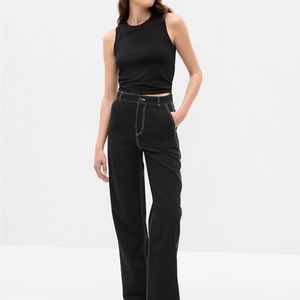 Women’s, black carpenter pants with beige stitching